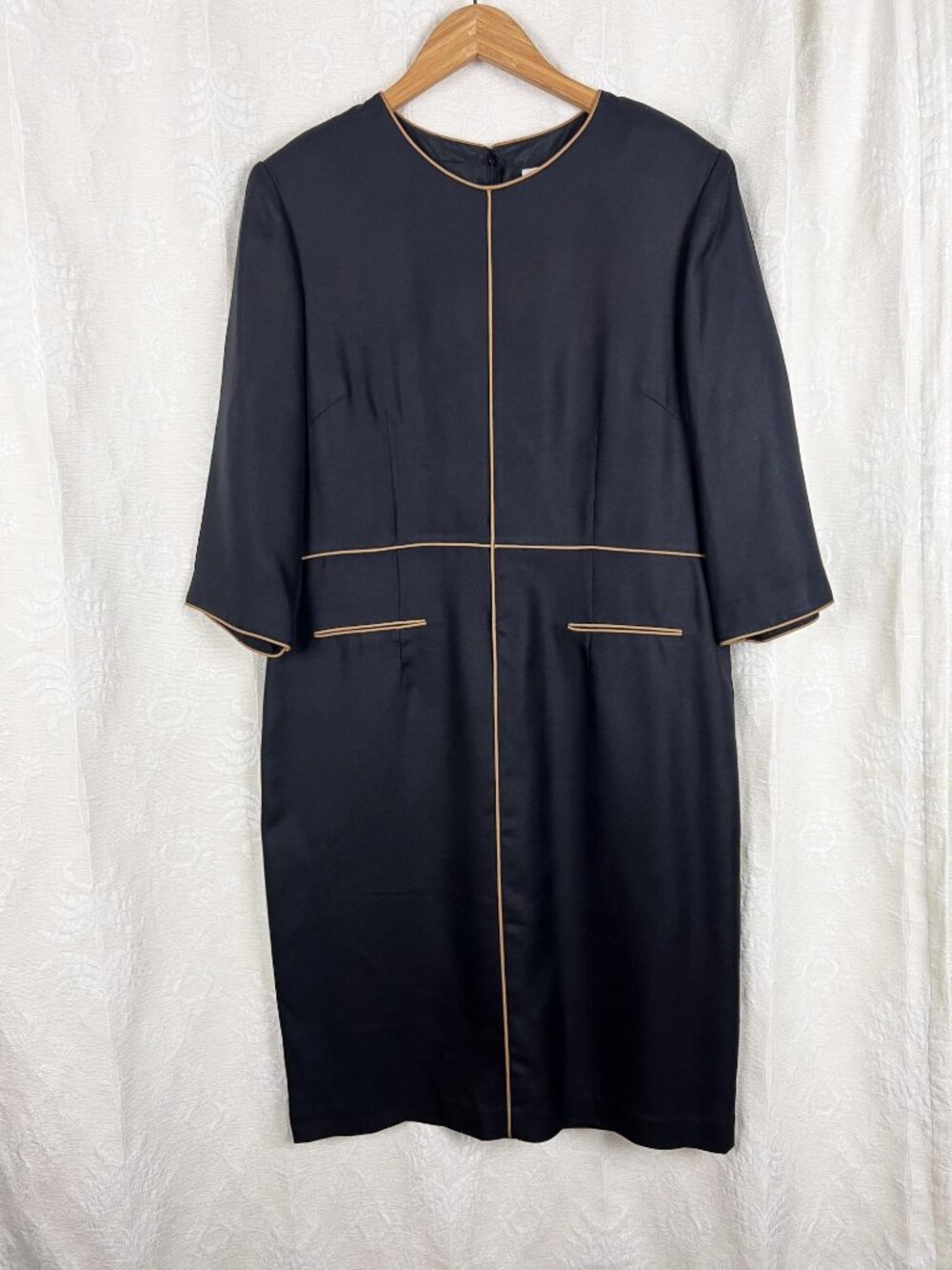 Vintage Adrianna Papell silk wool black & tan shift dress 3/4 sleeve party 16